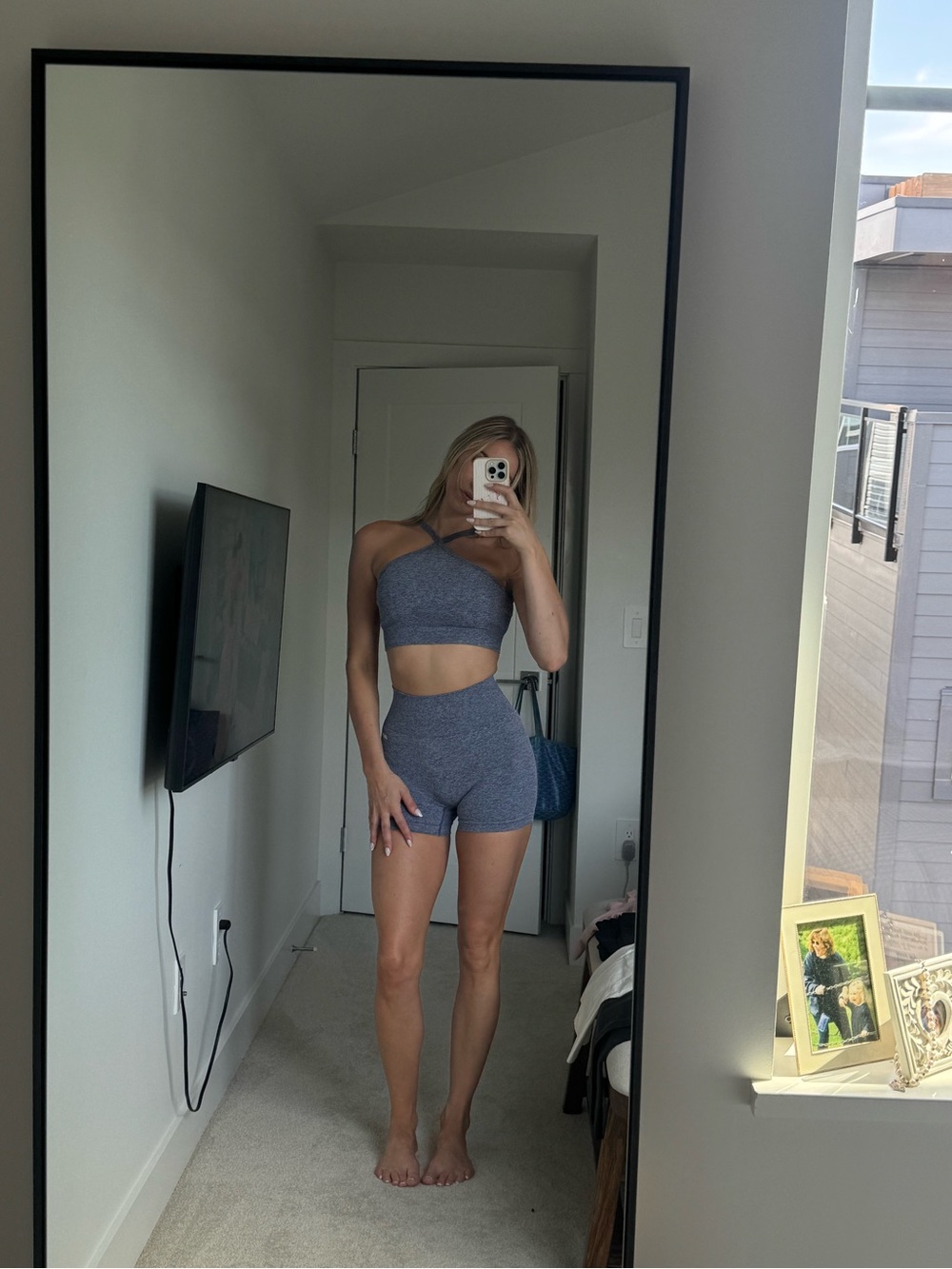 Heather Navy Blue Athletic Two-Piece Set - Crop Top & High-Waist Shorts